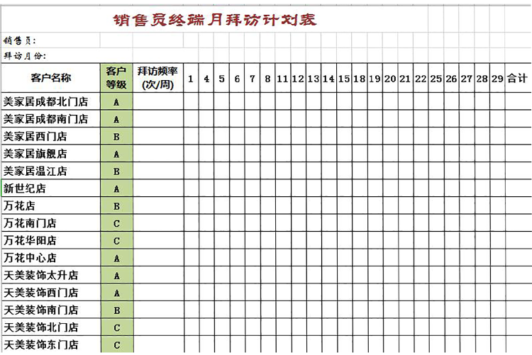 销售员终端月拜访计划表-1