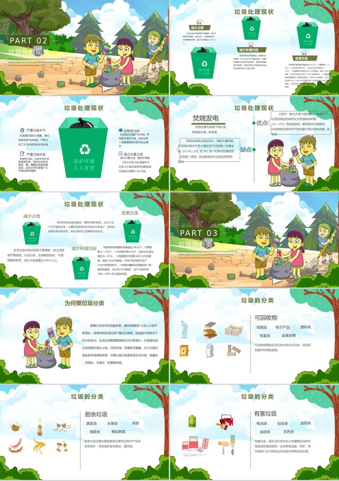 绿色可爱卡通风格垃圾分类保护环境介绍PPT模板-1