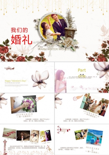 唯美花卉装饰的婚礼相册PPT模板