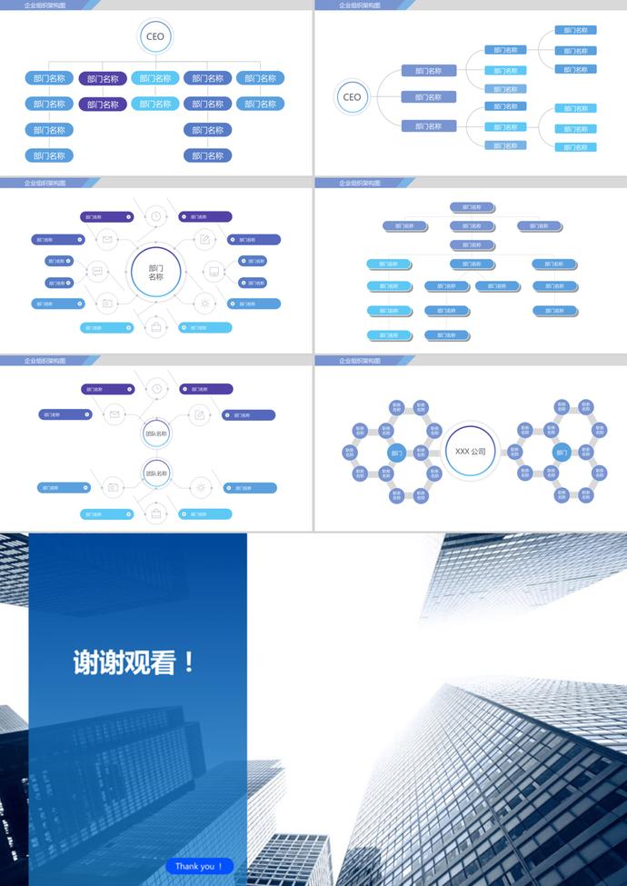 蓝色简约风企业组织架构图ppt模板-2