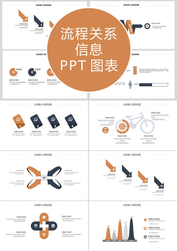 橙色风格流程关系信息PPT图表模板