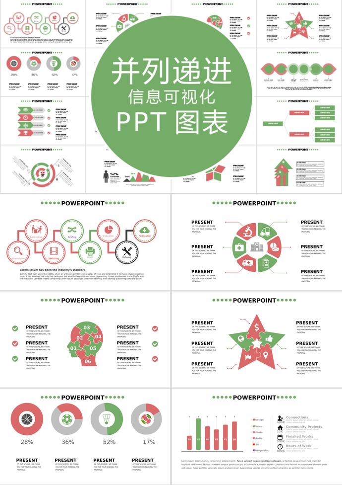 绿色清新风并列递进信息可视化PPT图表