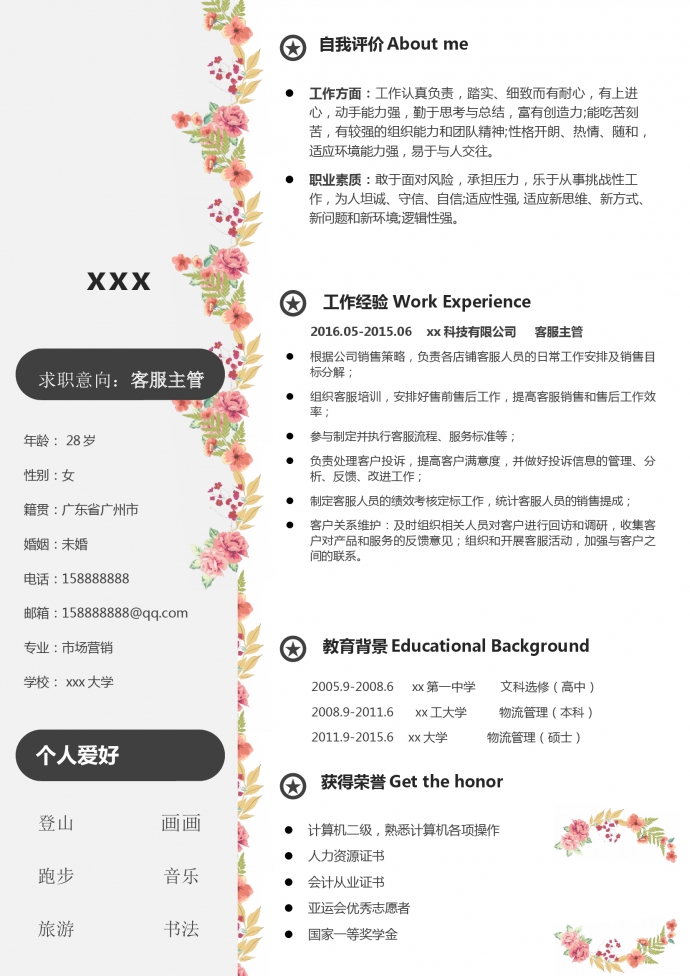 花边客服主管通用word简历