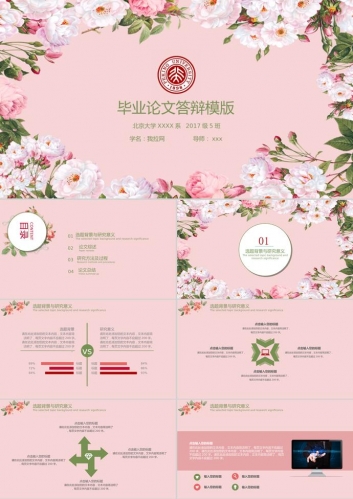 粉色清新花朵毕业论文答辩ppt模版