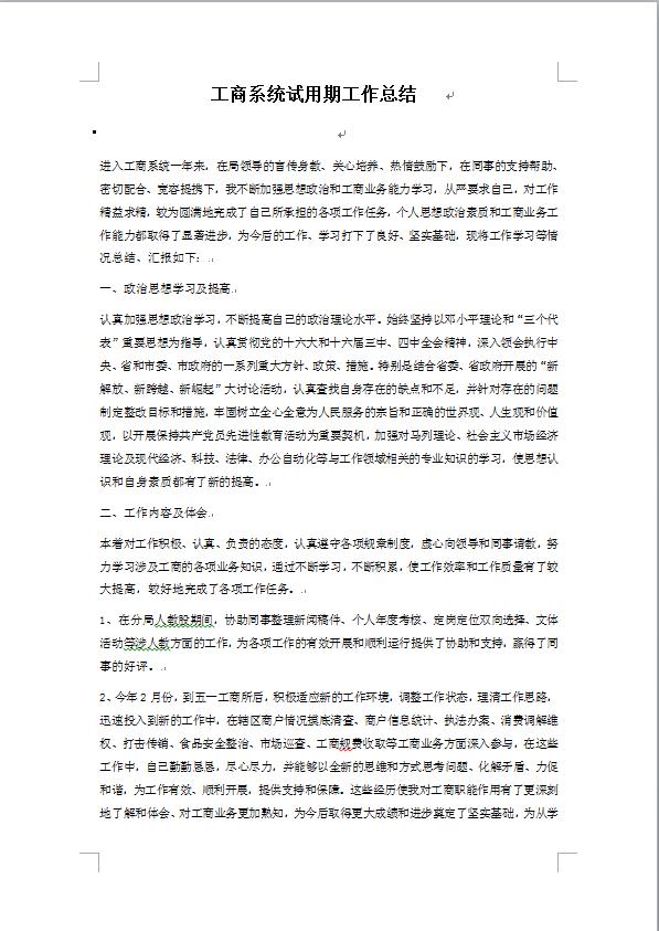 工商试用期工作总结