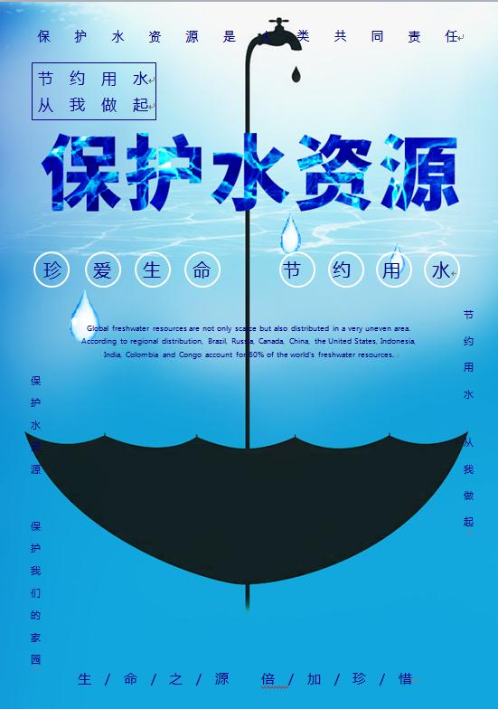 蓝色特色艺术字节约用水公益海报