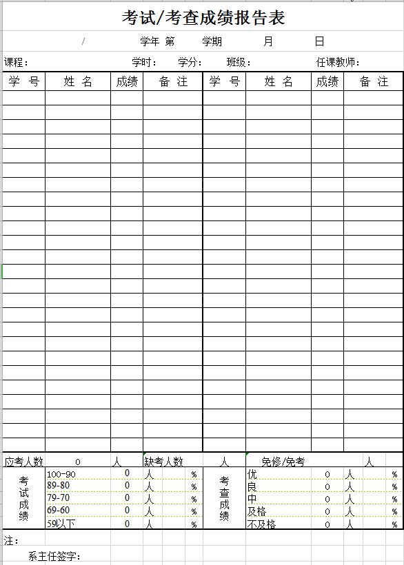 大学考试学生成绩表