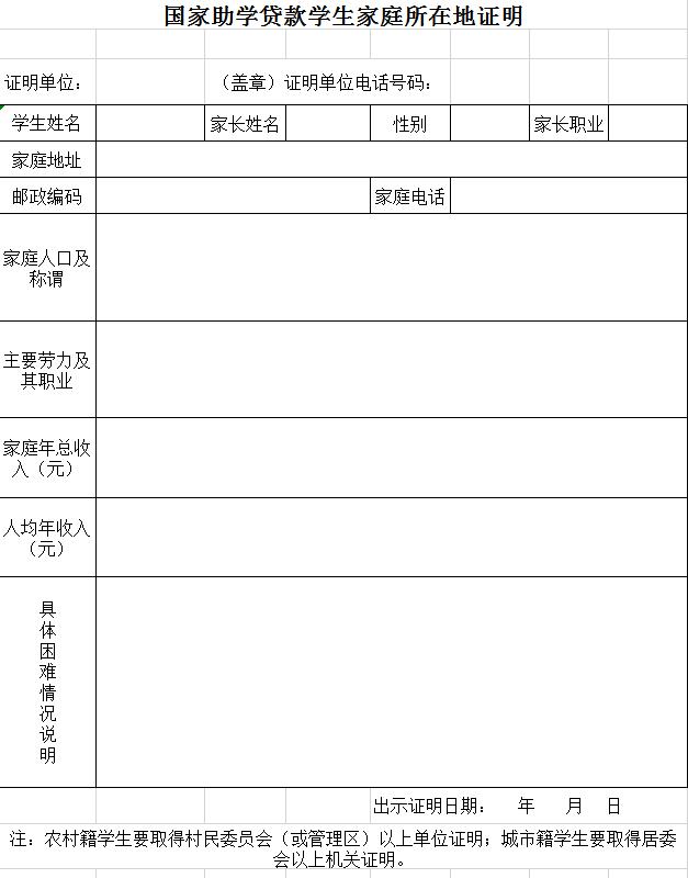 国家助学贷款学生家庭所在地证明