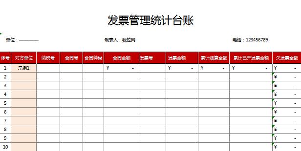 发票管理统计台账excel表格