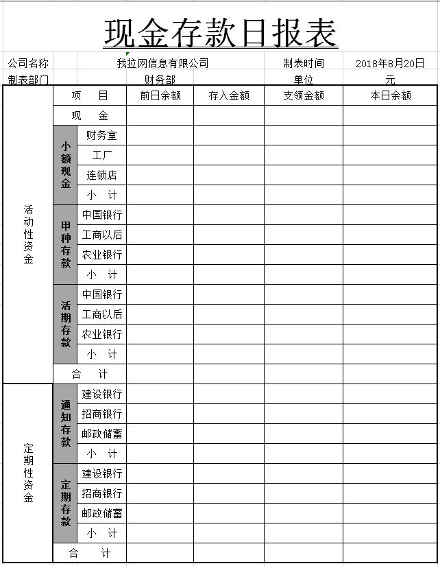 现金流量表模板日报表