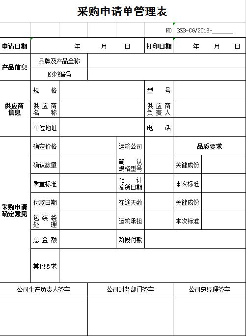 采购申请单管理表