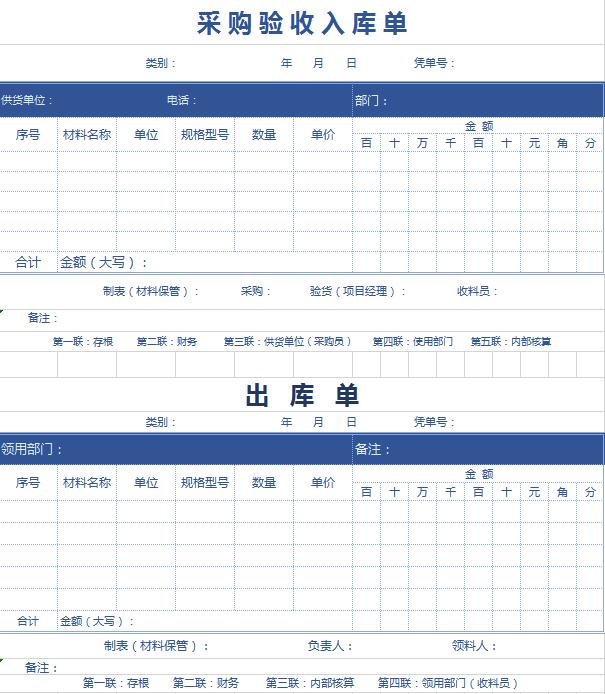 仓库采购验收出入库单