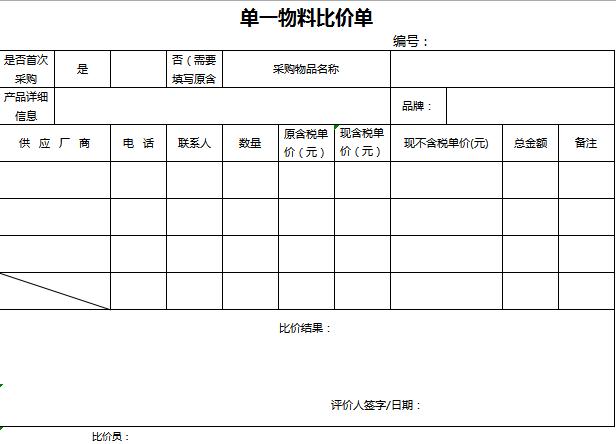 采购物料比价单