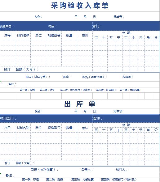 仓库用采购验收出入库单