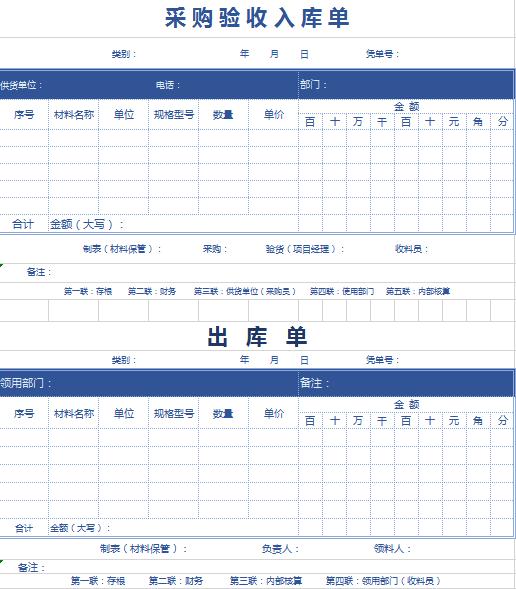 仓库用采购验收出入库单