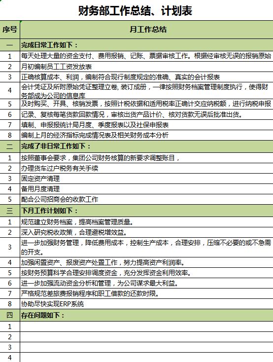 财务部工作总结计划表excel模板