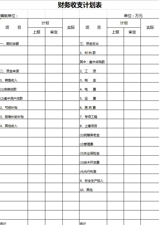 财务收支计划表excel表格模板