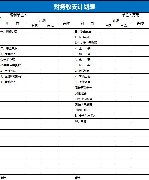 财务收支计划表excel模板