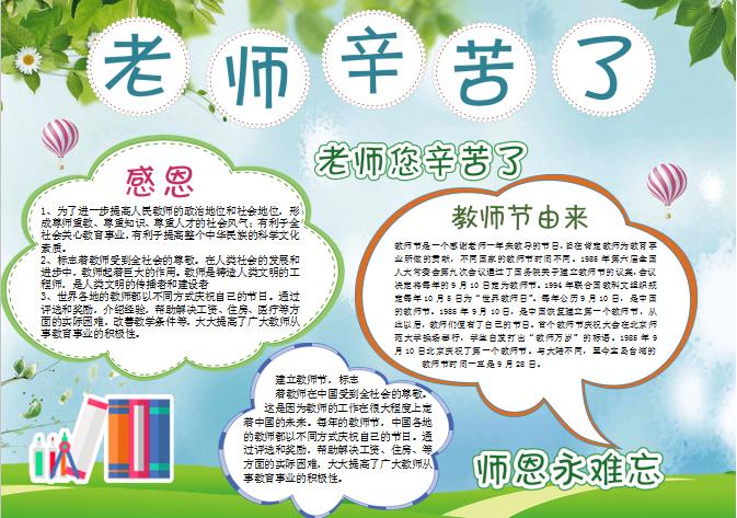 蓝绿清新老师辛苦了手抄报模板