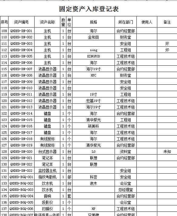 固定资产入库登记表excel模板