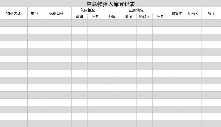 应急物资入库登记表excel模板