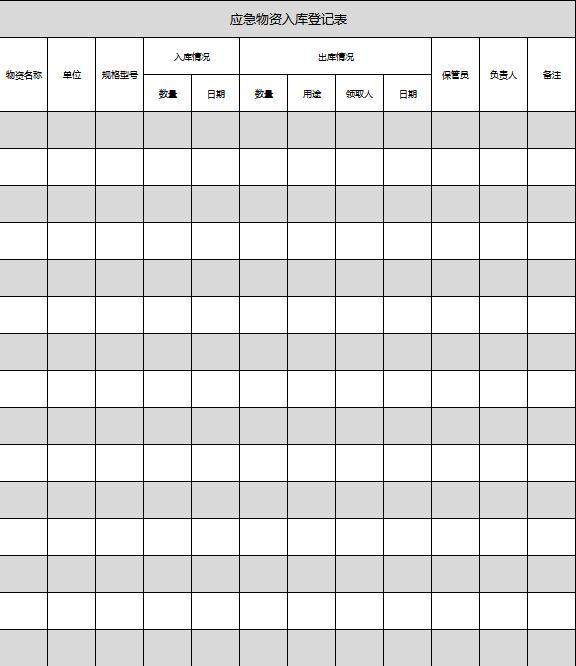 灰色系应急物资出入库登记表模板