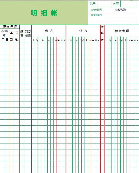 财务部应收账款明细账Excel模板