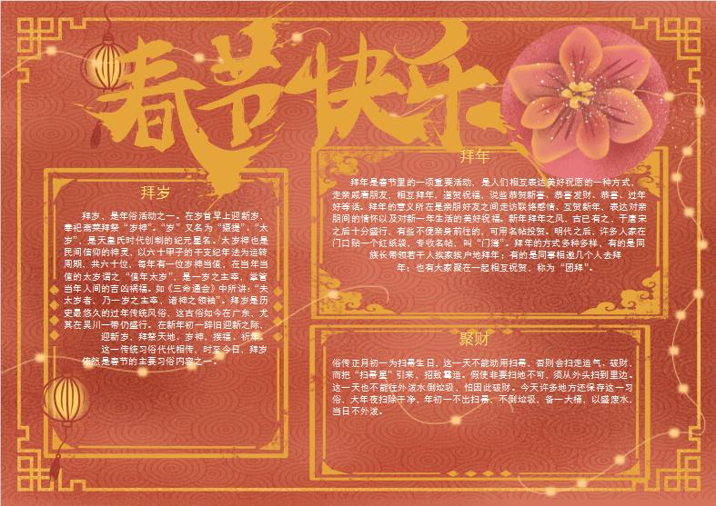 橘红色新年习俗手抄报Word模板