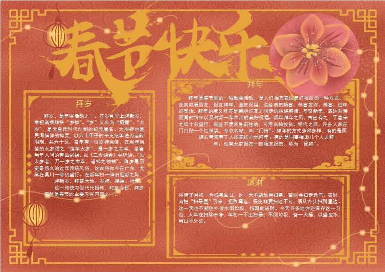 橘红色新年习俗手抄报Word模板