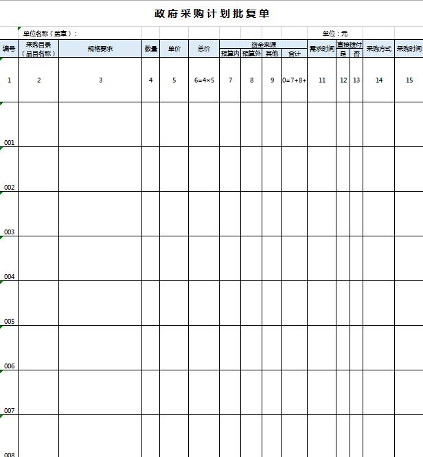 政府采购计划批复单excel模板