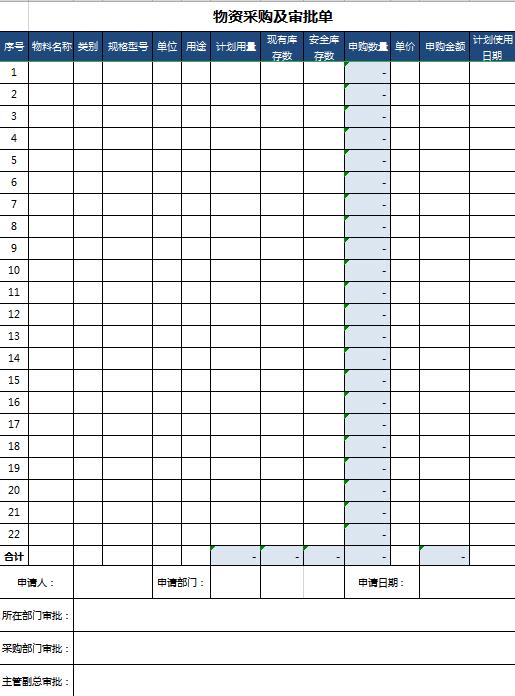 物资采购及审批表excel模板