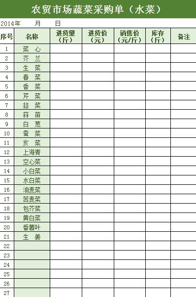农贸市场蔬菜采购单excel模板