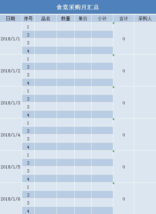 食堂采购月汇总表excel模板