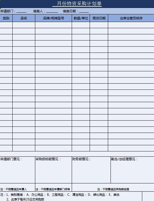 月度采购计划单excel模板