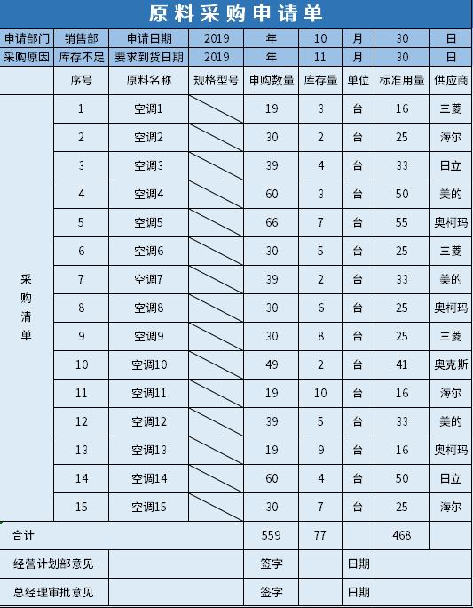 原料采购登记单excel模板