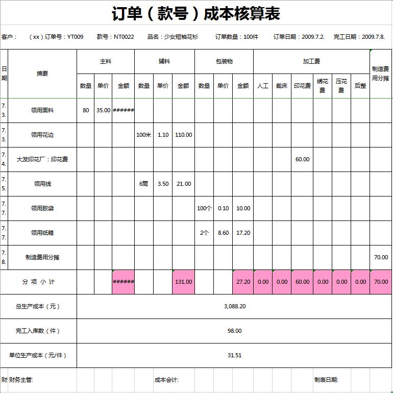 订单成本核算表excel模板