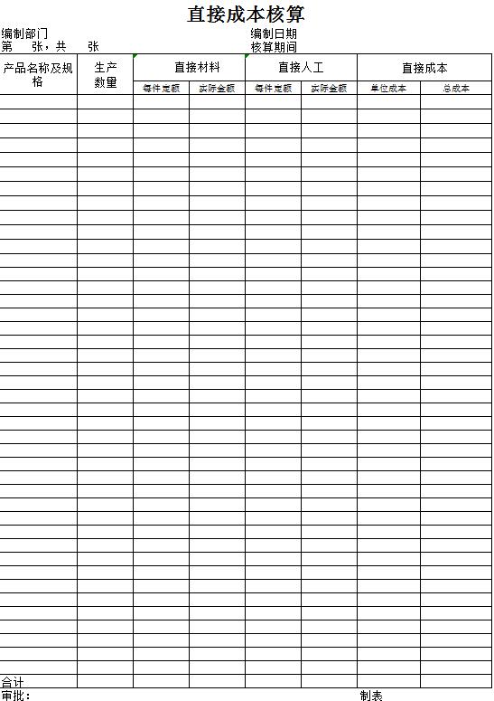 直接成本核算表excel模板