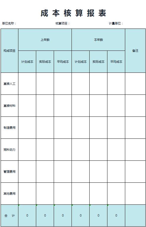 成本核算报表excel模板