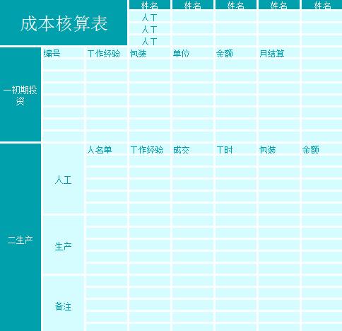 蔚蓝色产品成本核算表excel模板