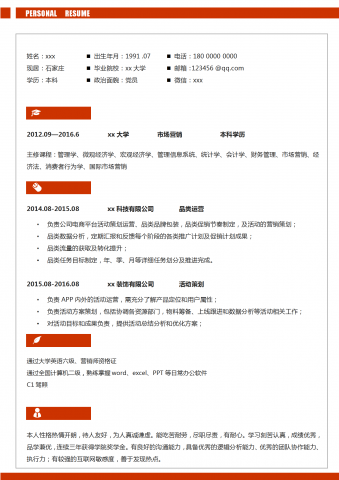 红条简约小清新品类运营简历模板