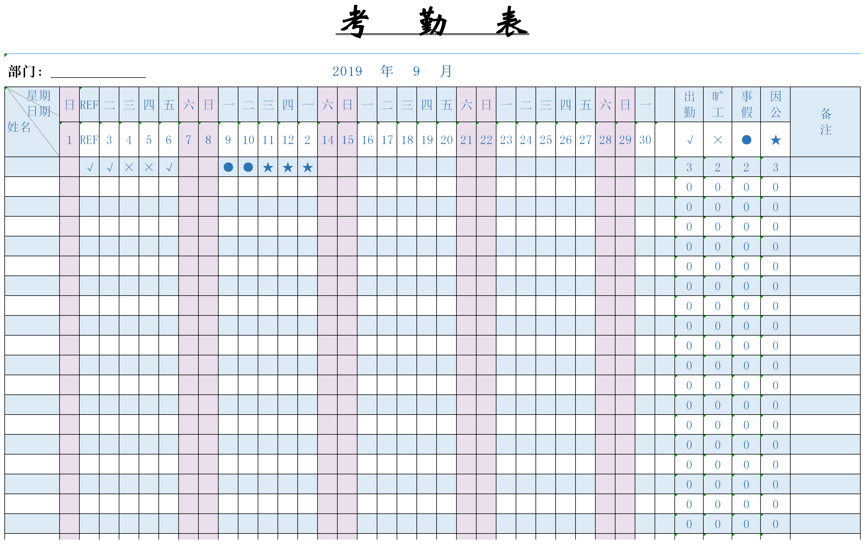 销售部门人员考勤表模板