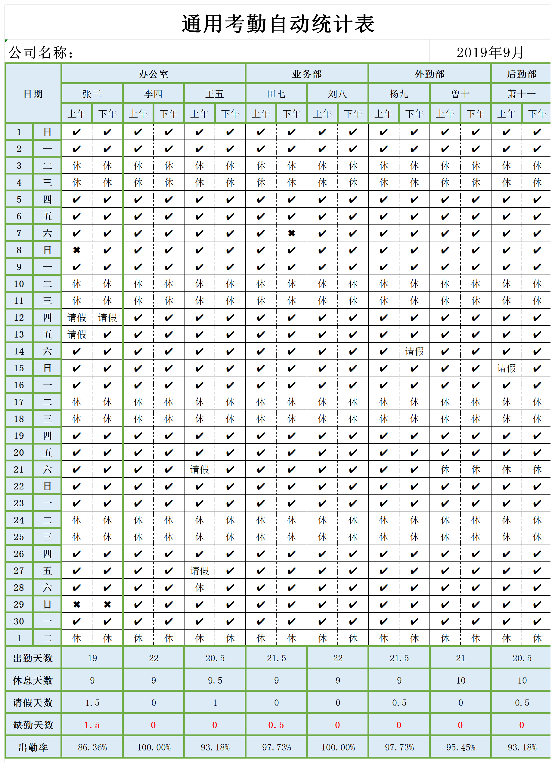 通用考勤表自动统计表