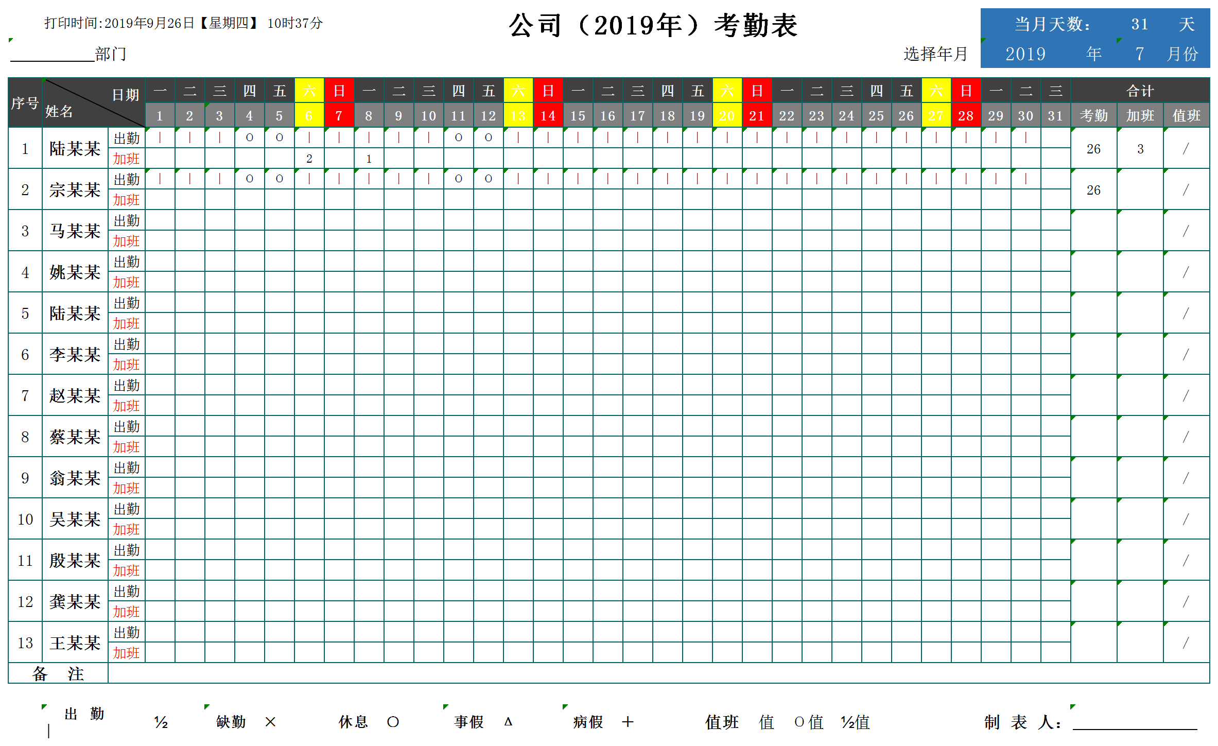 运营部门考勤智能表