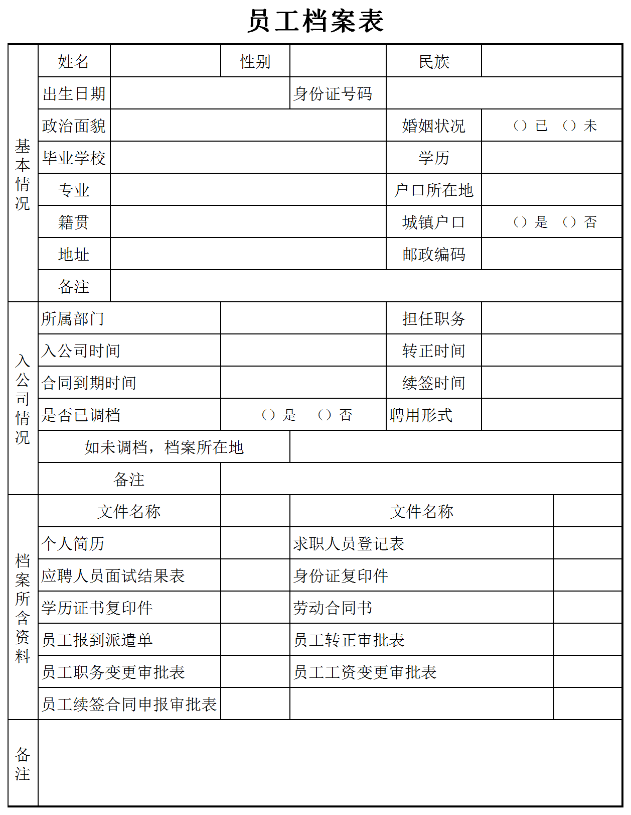 公司员工个人档案表Excel模板