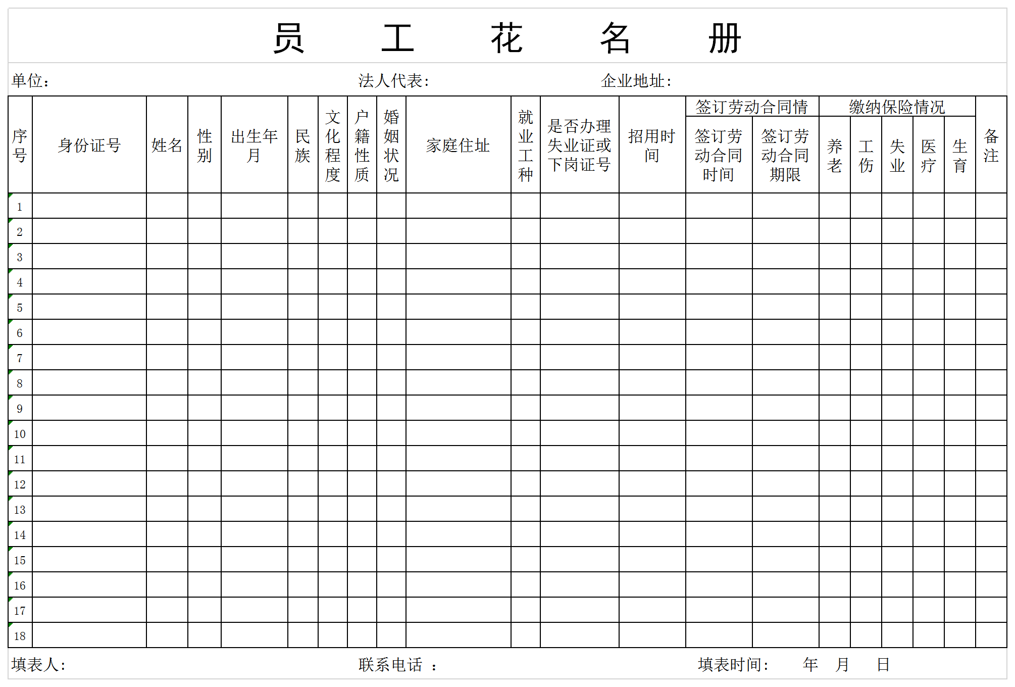 企业员工花名册Excel模板