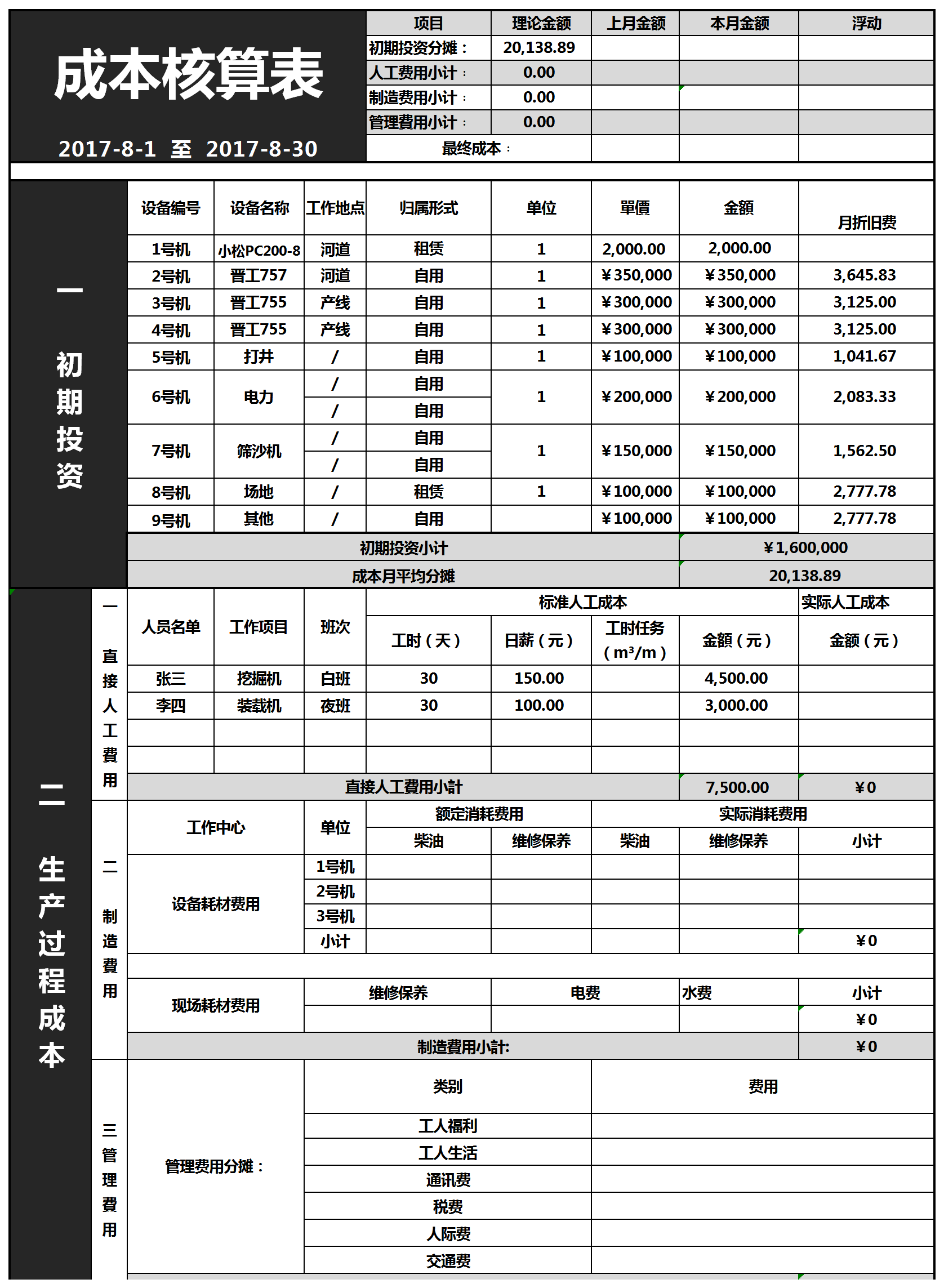 生产成本核算表excel模版