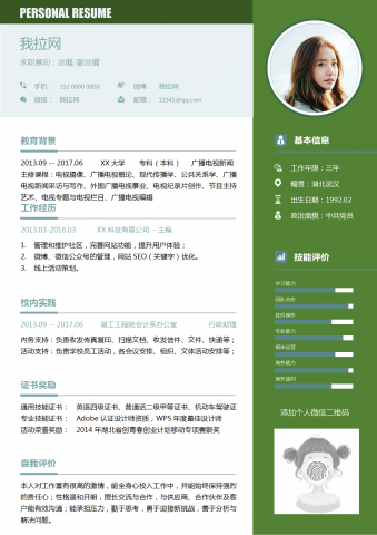 绿色拼接总编副总编简历模板