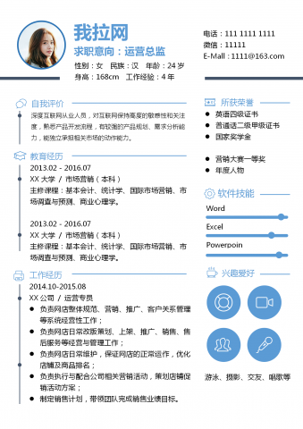 蓝色小图标运营总监简历模板