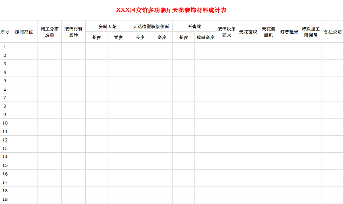 宾馆多功能厅装饰面层材料统计表Excel模板