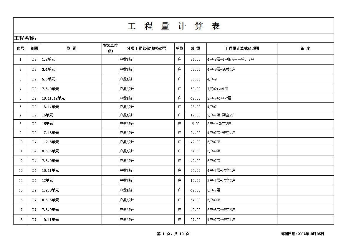 工程量计算表Excel模板